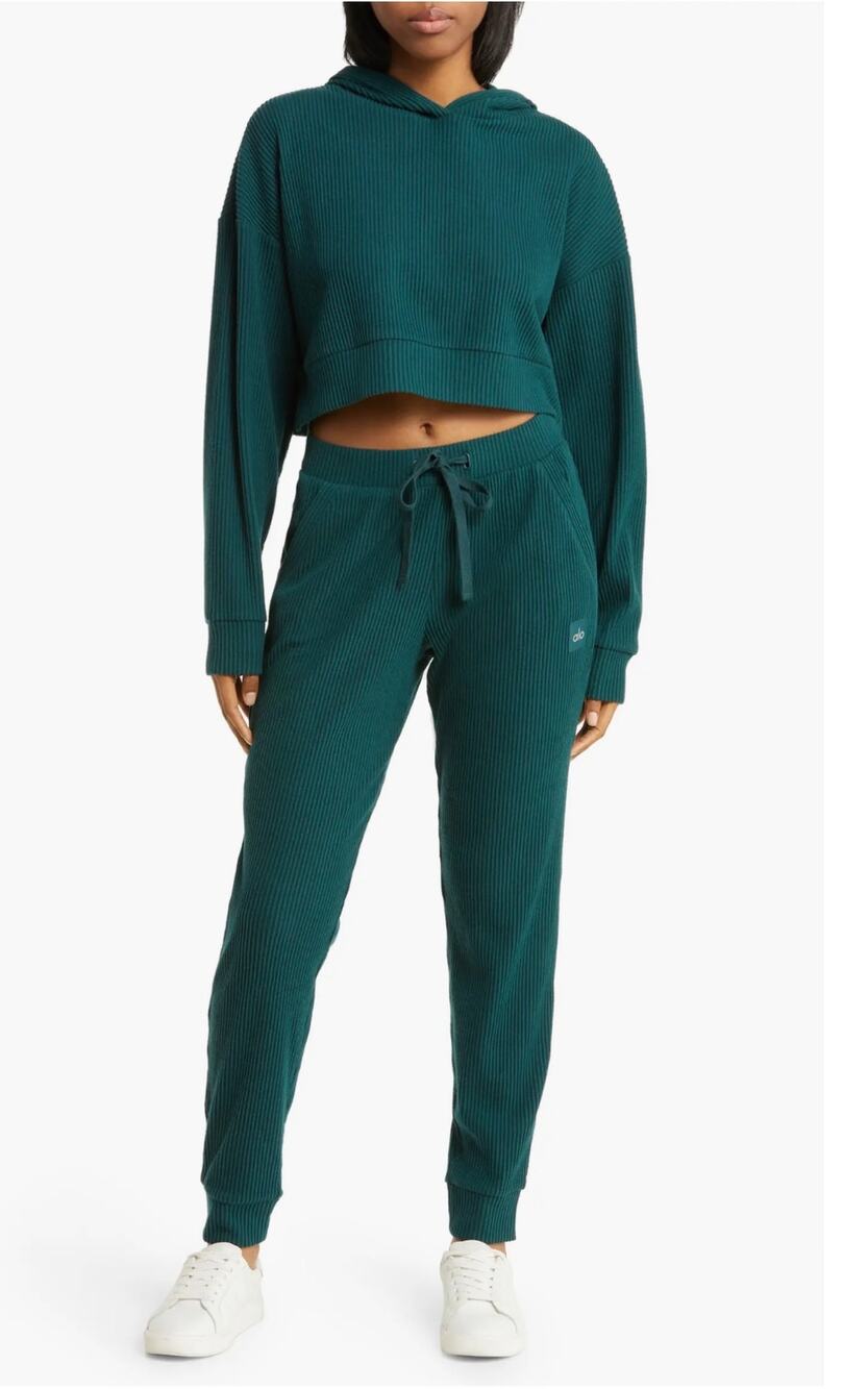 Alo Yoga Muse Ribbed Hoodie Sweatshirt and matching Joggers in midnight green